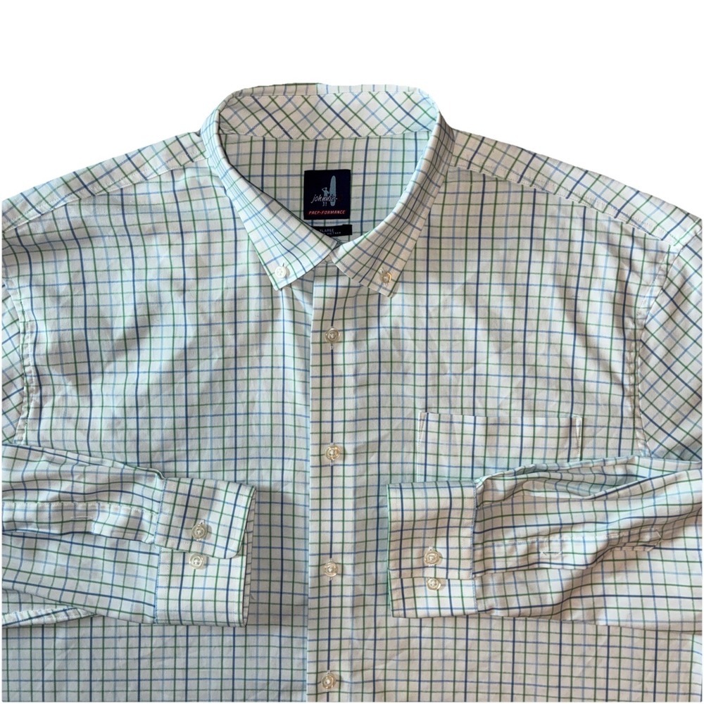 johnnie-o Prep-formance Mens XL Plaid Button Down Shirt Blue Green Casual